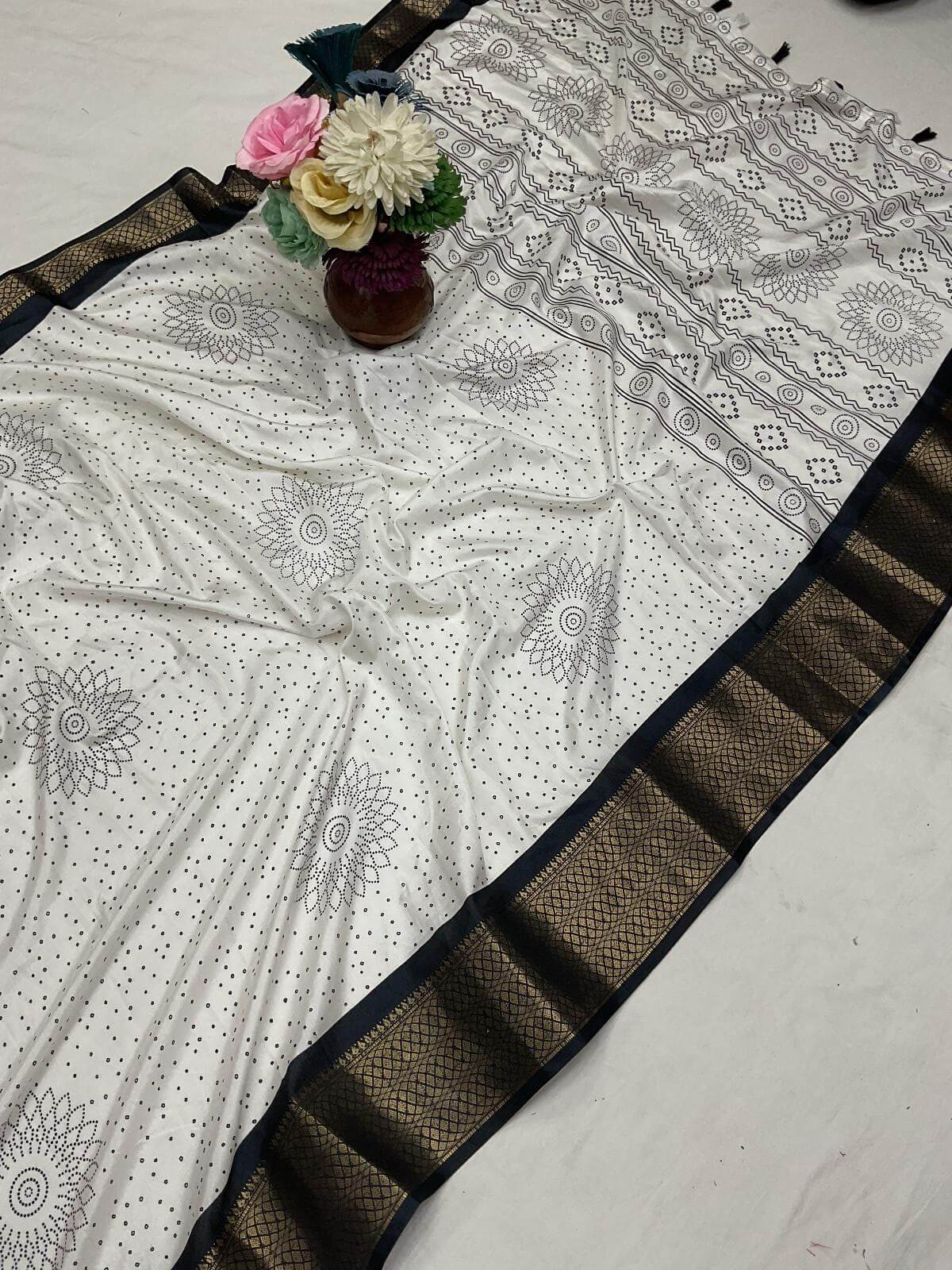Delectable Off White Digital Printed Dola Silk Saree With Mellifluous Blouse Piece