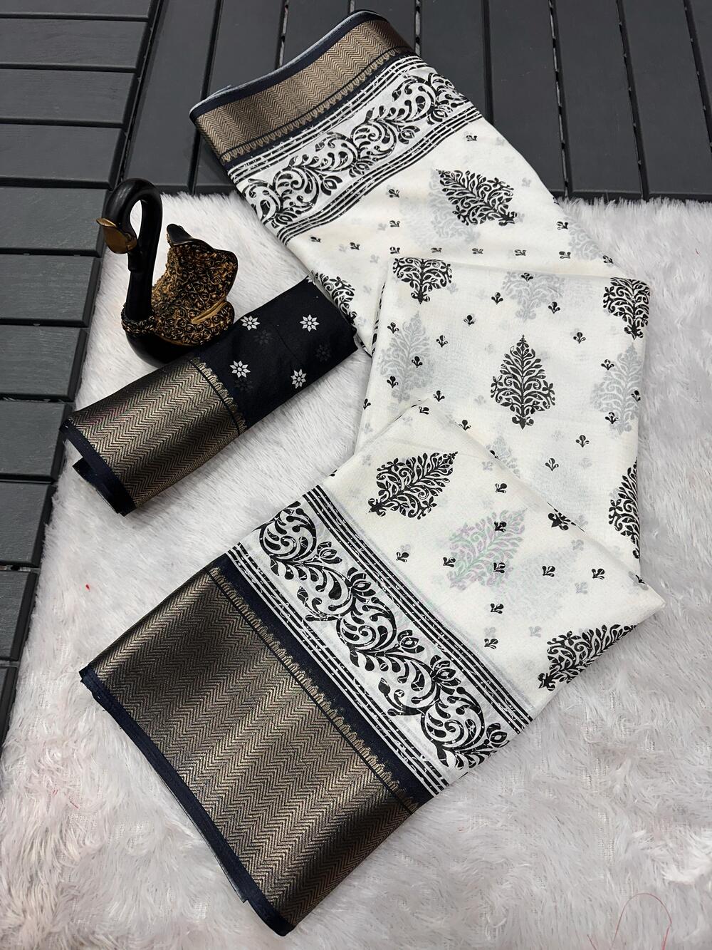 Elegant Off White Digital Printed Dola Silk Saree With Snazzy Blouse Piece