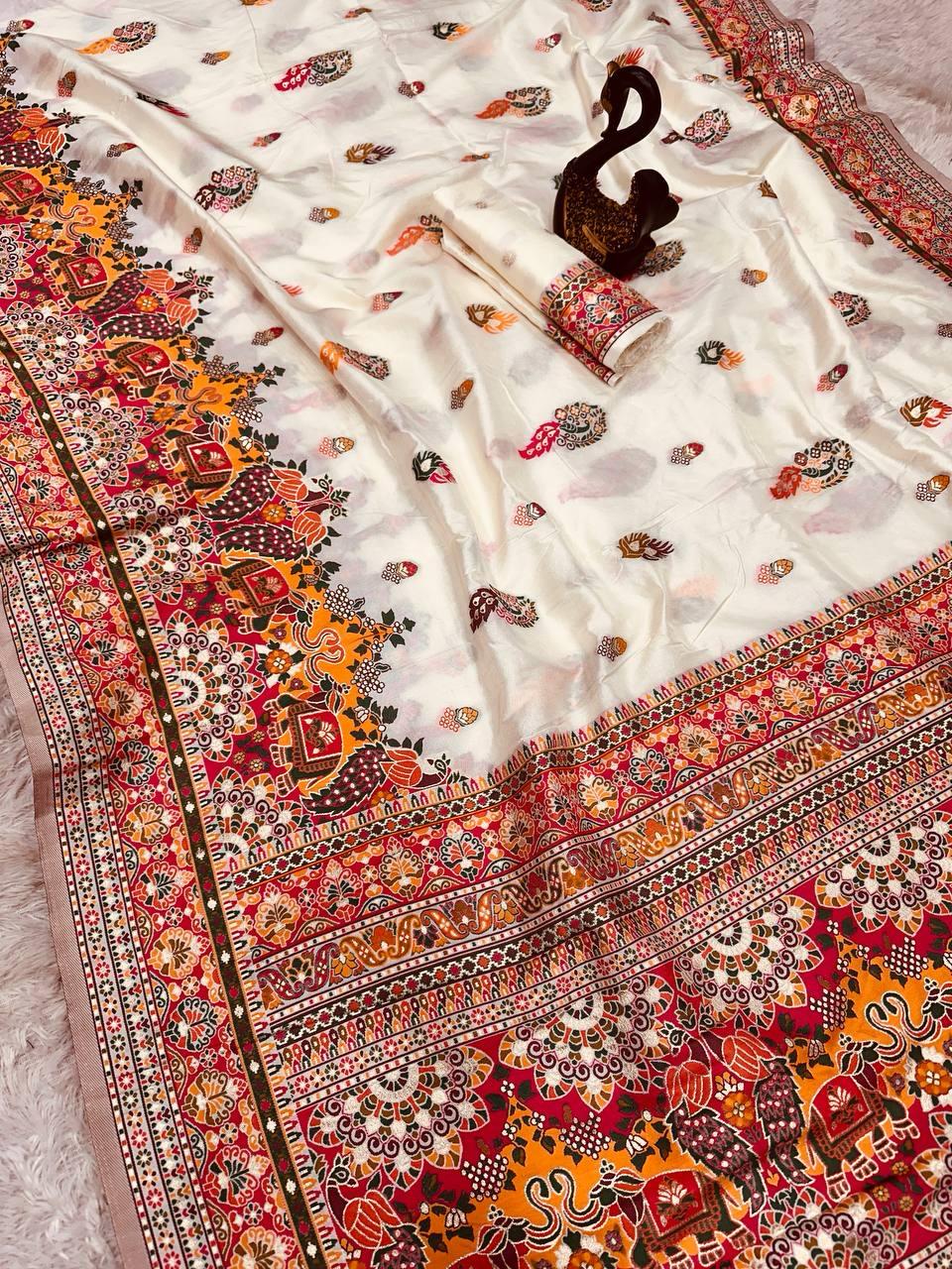 Demure Beige Pashmina saree With Traditional Blouse Piece