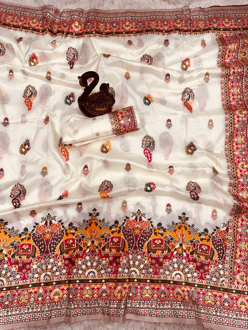 Demure Beige Pashmina saree With Traditional Blouse Piece