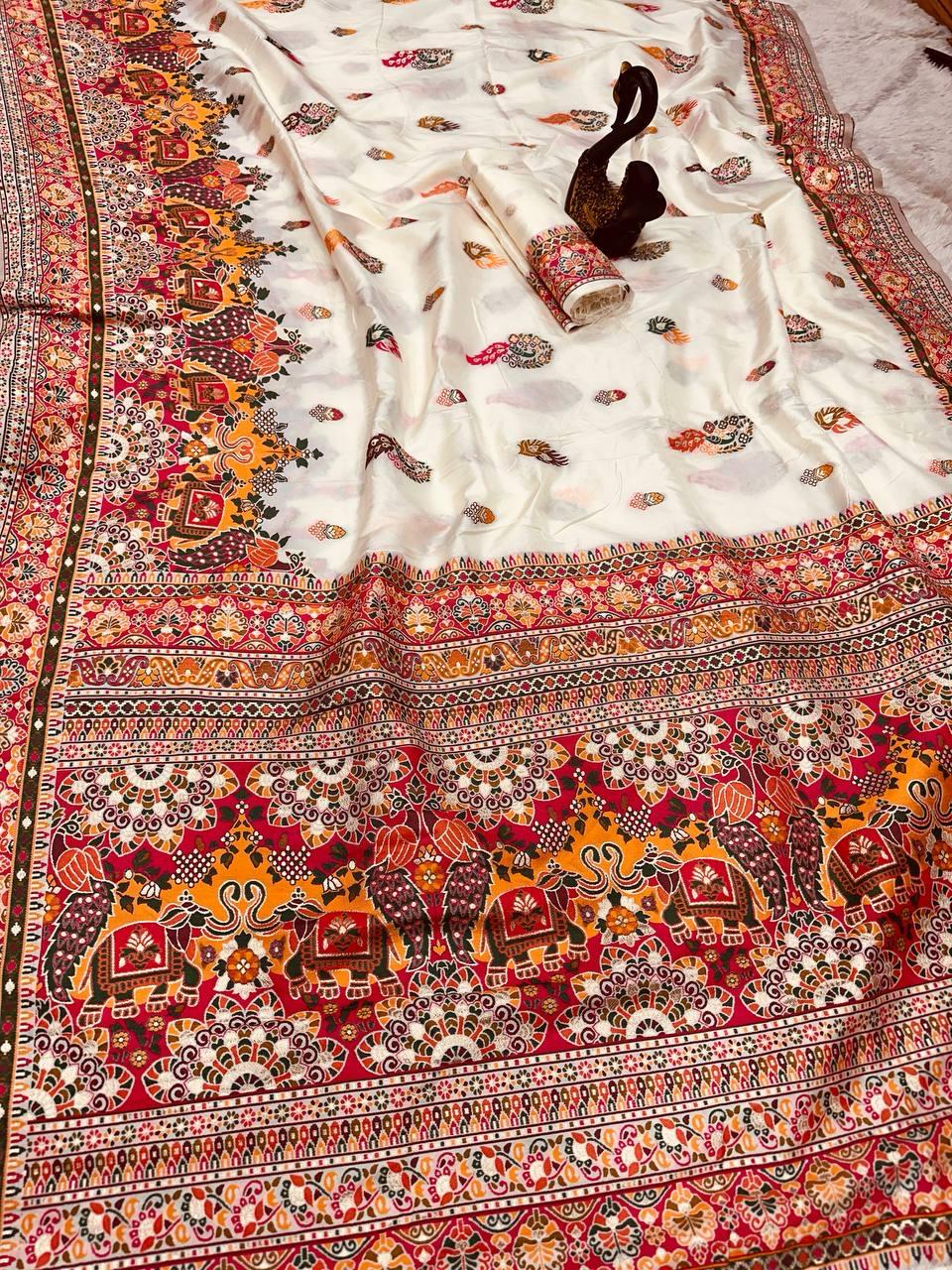 Demure Beige Pashmina saree With Traditional Blouse Piece
