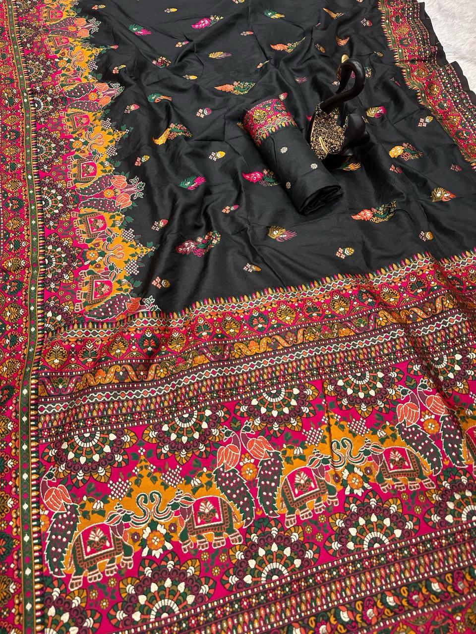 A glam Black Pashmina saree With Prominent Blouse Piece