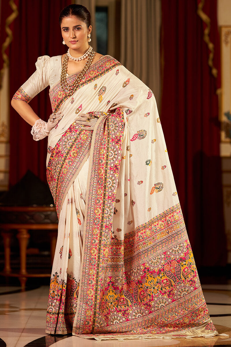 Prominent Beige Pashmina Saree With Ideal Blouse Piece
