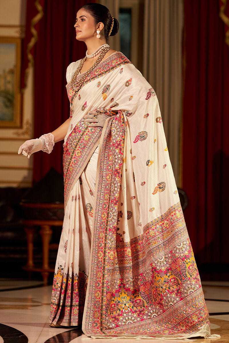 Prominent Beige Pashmina Saree With Ideal Blouse Piece