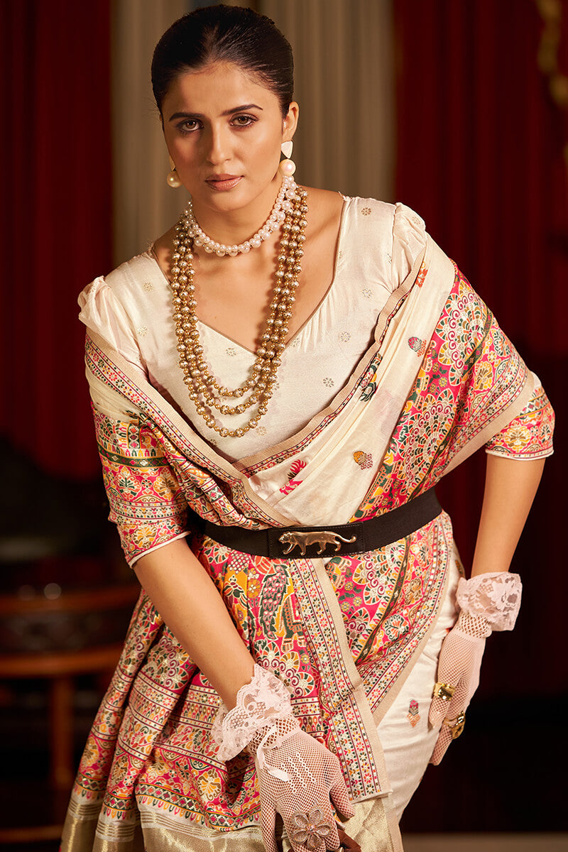 Prominent Beige Pashmina Saree With Ideal Blouse Piece