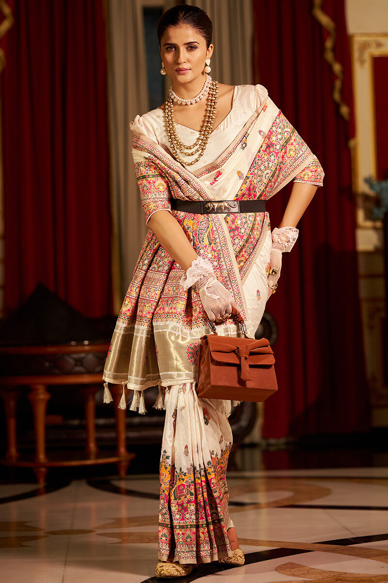 Prominent Beige Pashmina Saree With Ideal Blouse Piece