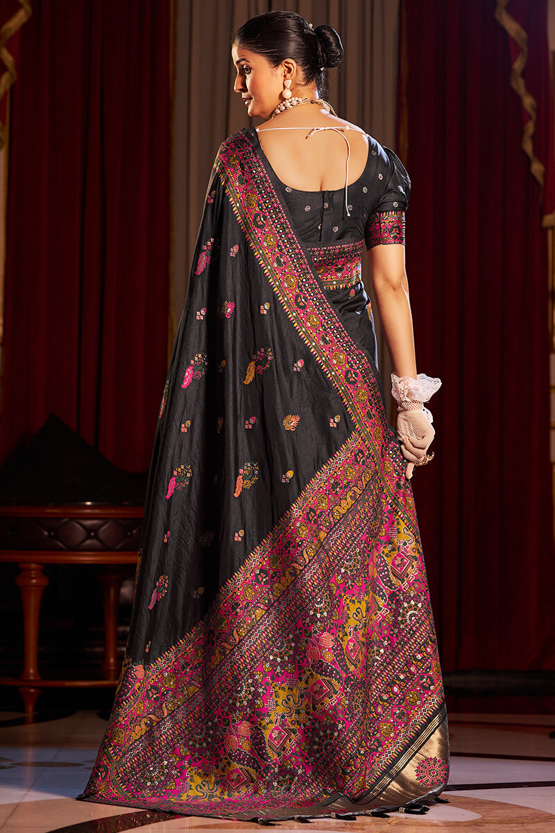 Conflate Black Pashmina Saree With Embrocation Blouse Piece