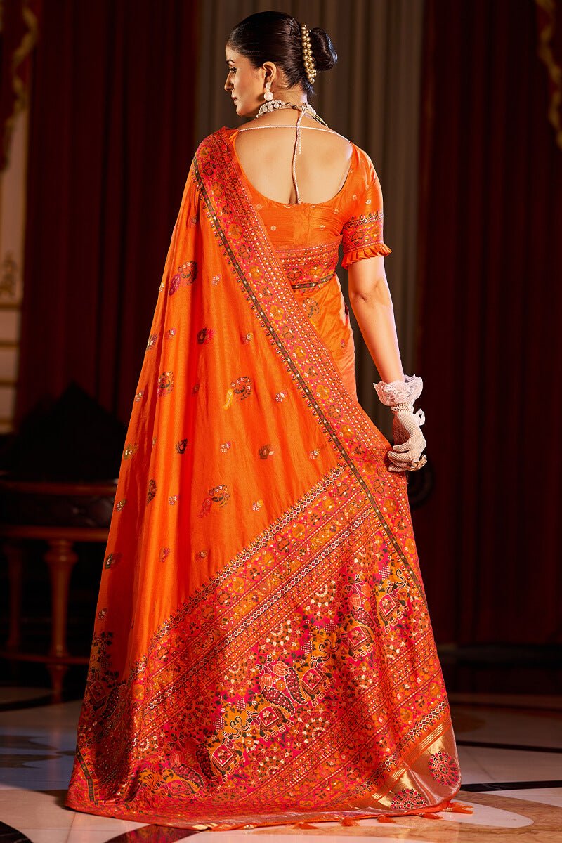 Seraglio Orange Pashmina Saree With Splendiferous Blouse Piece