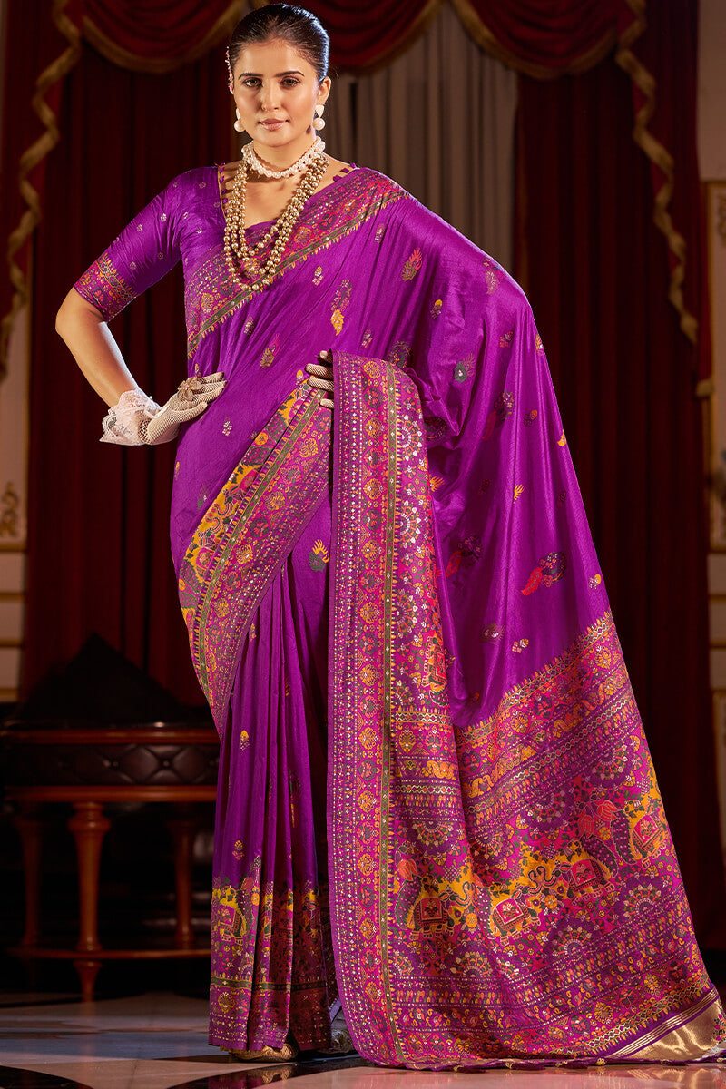 Splendorous Purple Pashmina Saree With Vivacious Blouse Piece
