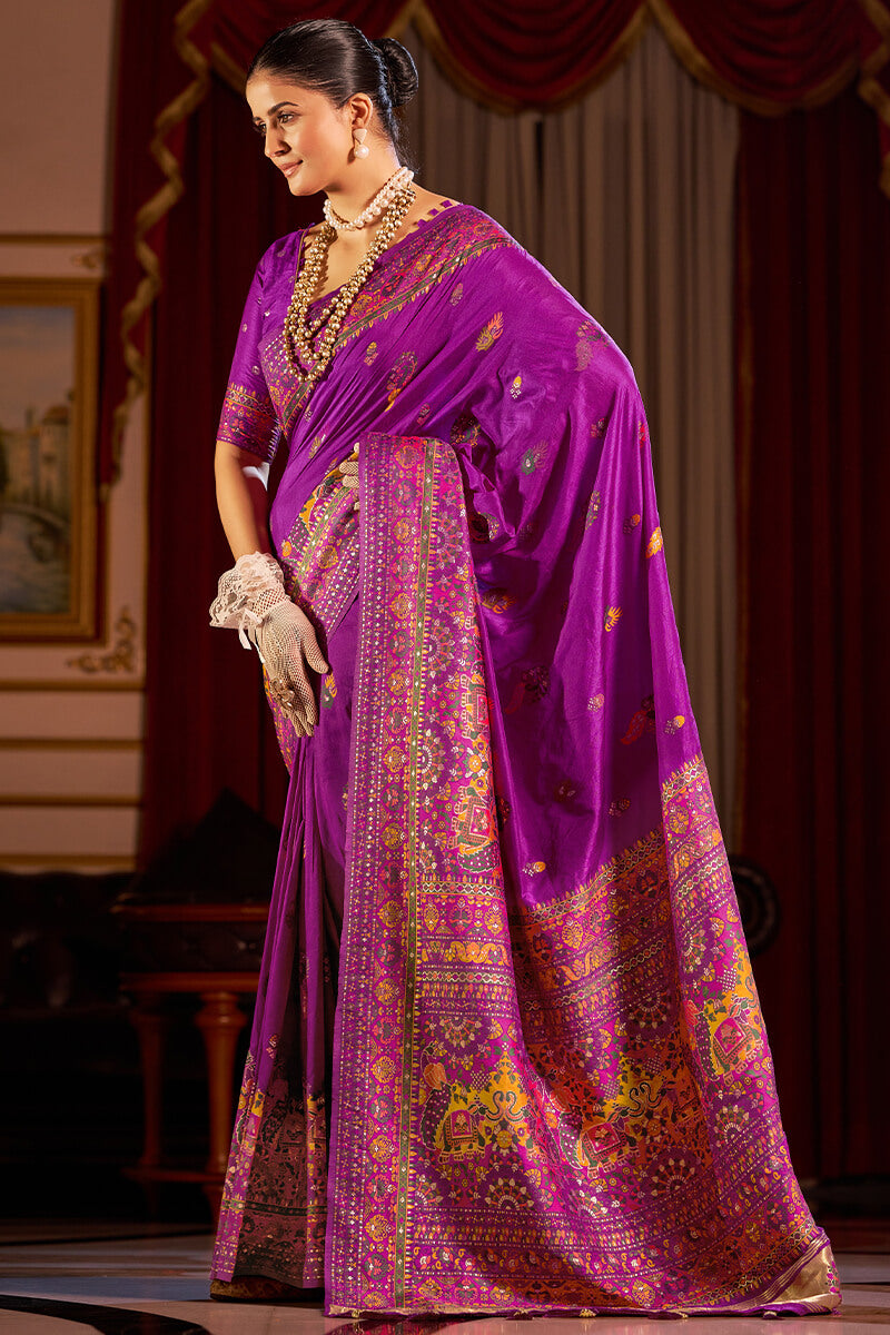 Splendorous Purple Pashmina Saree With Vivacious Blouse Piece