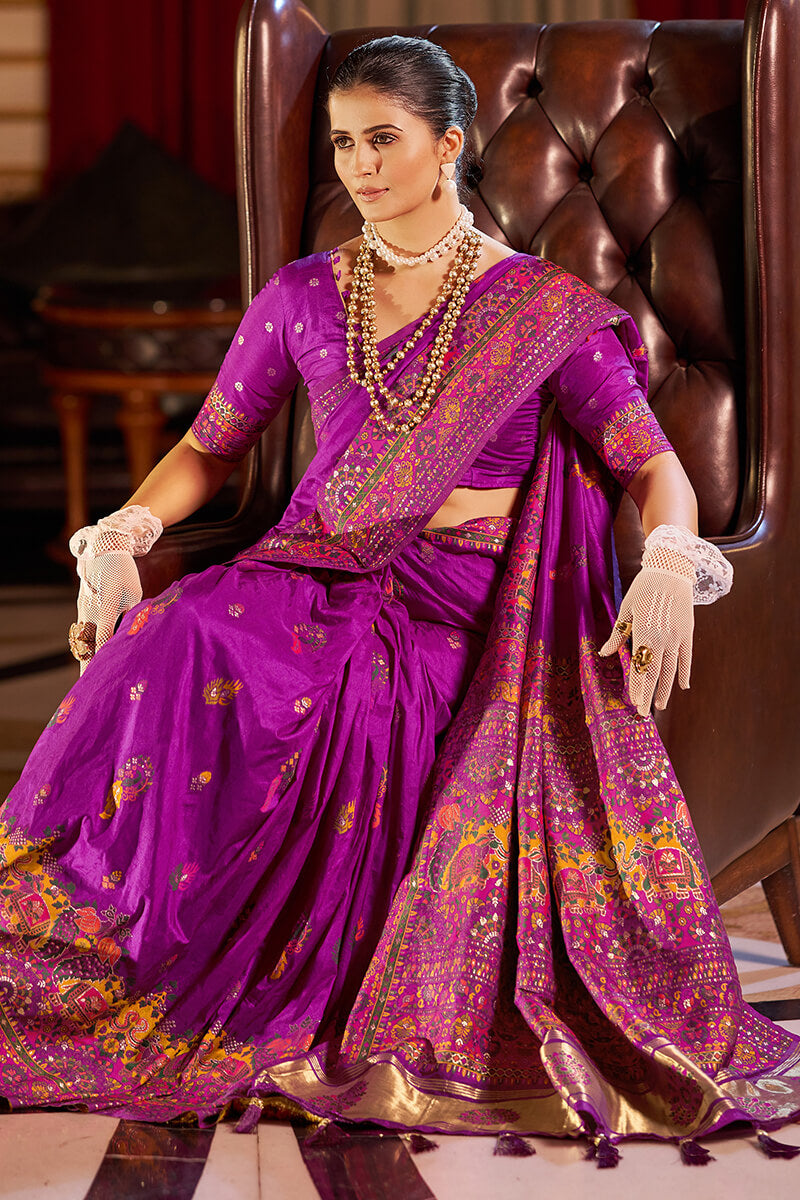 Splendorous Purple Pashmina Saree With Vivacious Blouse Piece