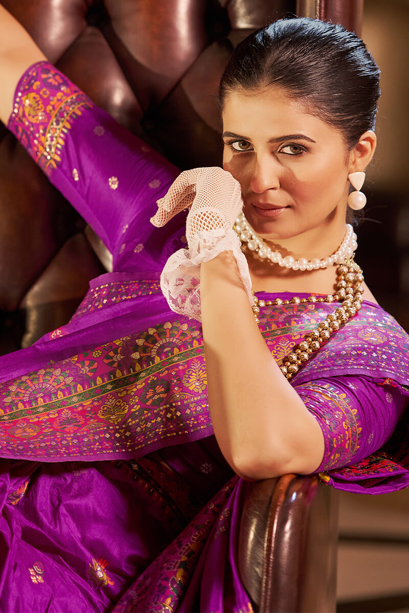 Splendorous Purple Pashmina Saree With Vivacious Blouse Piece
