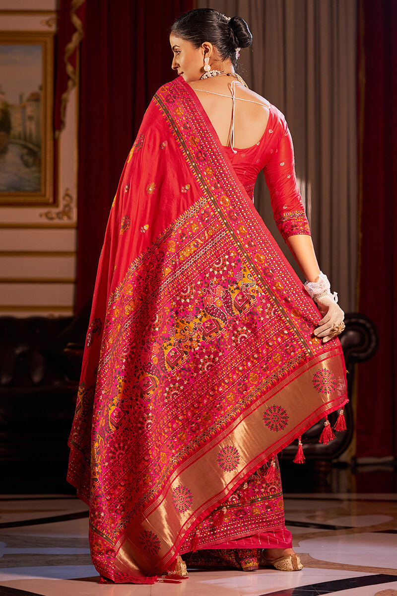 Radiant Red Pashmina Saree With Lustrous Blouse Piece