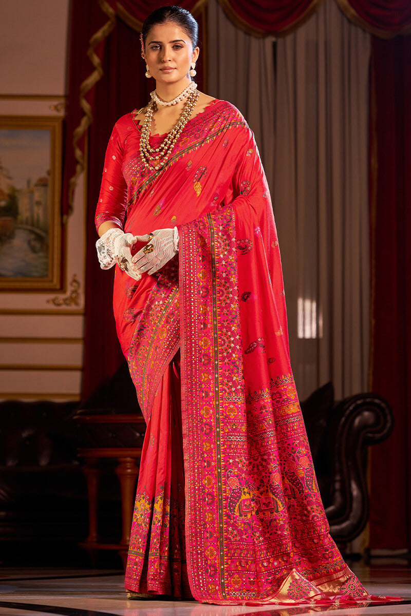 Radiant Red Pashmina Saree With Lustrous Blouse Piece