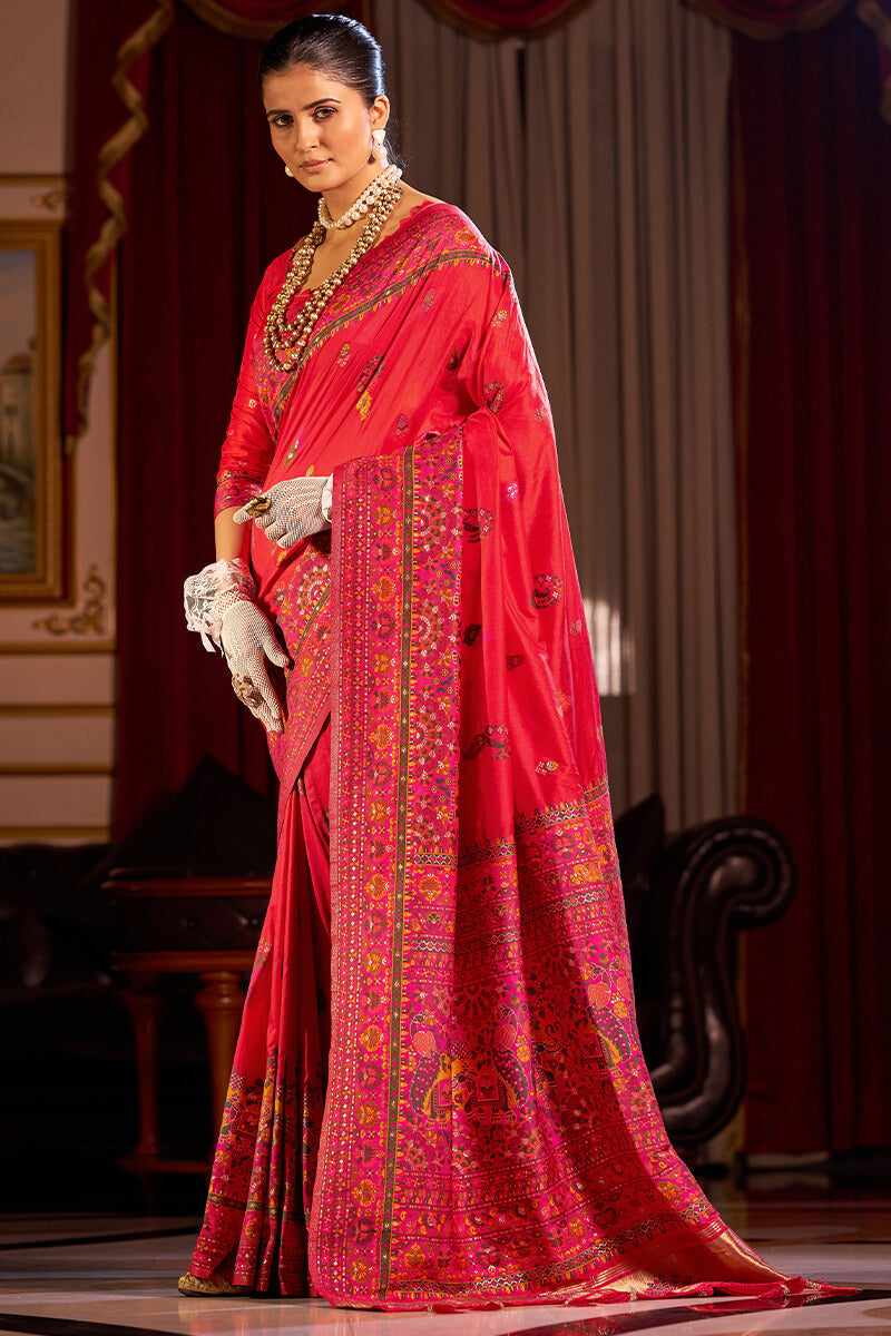 Radiant Red Pashmina Saree With Lustrous Blouse Piece