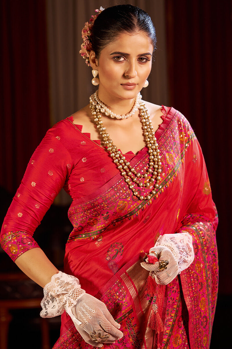 Radiant Red Pashmina Saree With Lustrous Blouse Piece