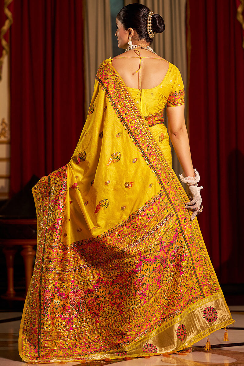 Mellifluous Yellow Pashmina Saree With Nectarous Blouse Piece