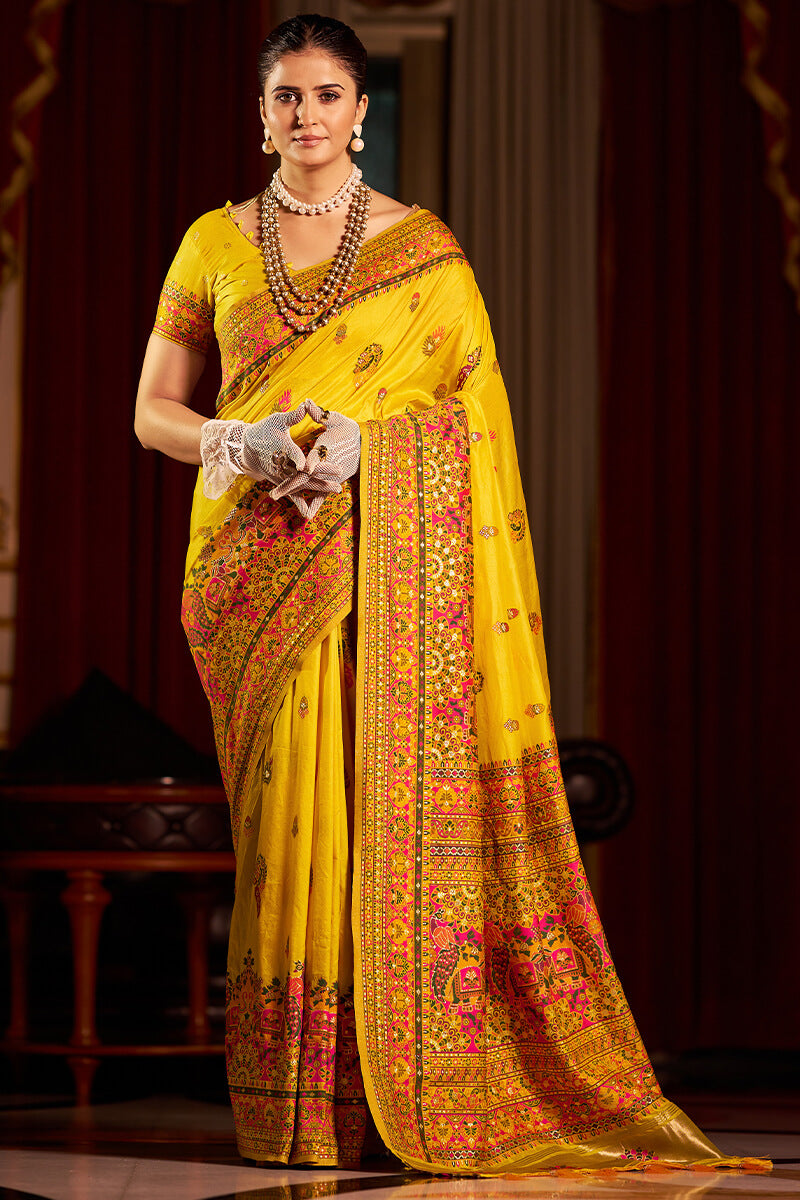 Mellifluous Yellow Pashmina Saree With Nectarous Blouse Piece