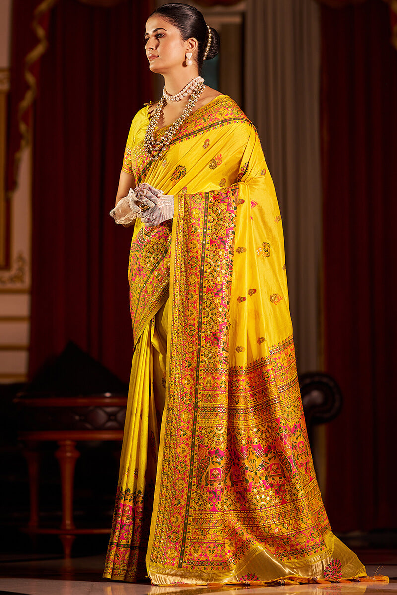 Mellifluous Yellow Pashmina Saree With Nectarous Blouse Piece