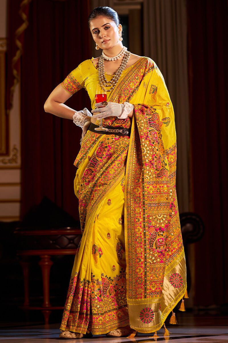 Mellifluous Yellow Pashmina Saree With Nectarous Blouse Piece