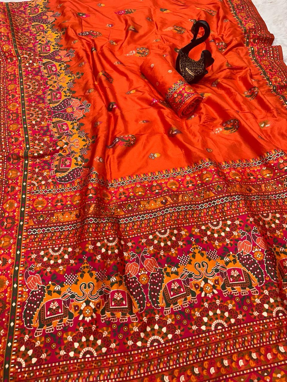 Hypnotic Orange Pashmina saree With Desiring Blouse Piece