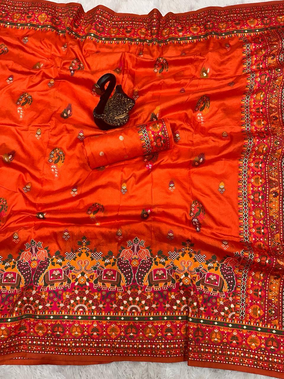 Hypnotic Orange Pashmina saree With Desiring Blouse Piece