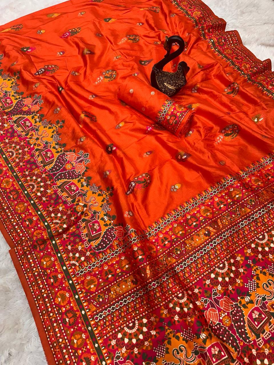 Hypnotic Orange Pashmina saree With Desiring Blouse Piece
