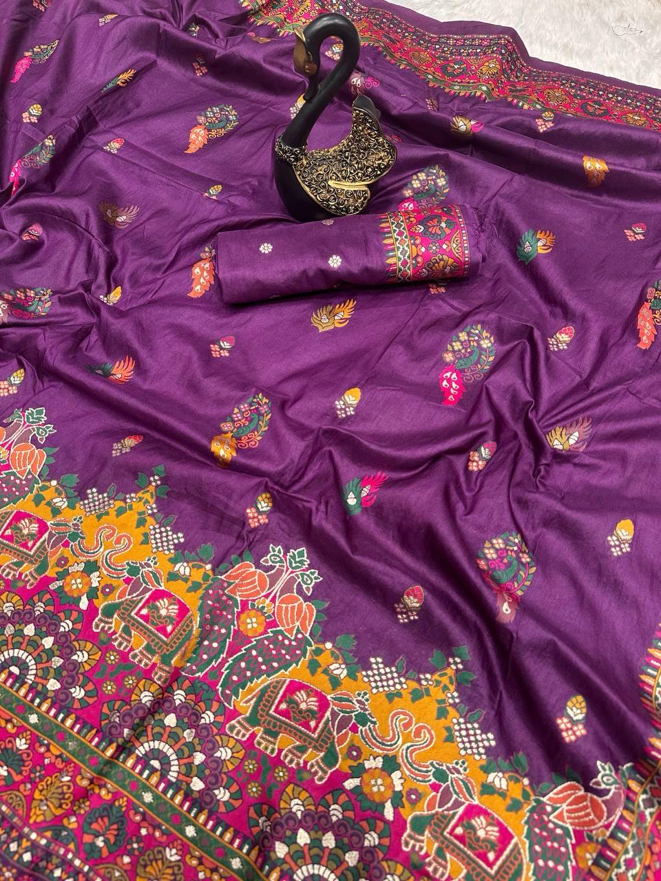 Enigmatic Purple Pashmina saree With Snappy Blouse Piece