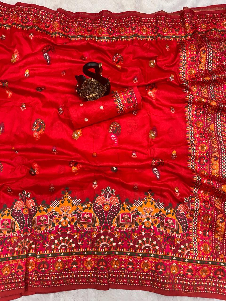 Woebegone Red Pashmina saree With Evanescent Blouse Piece