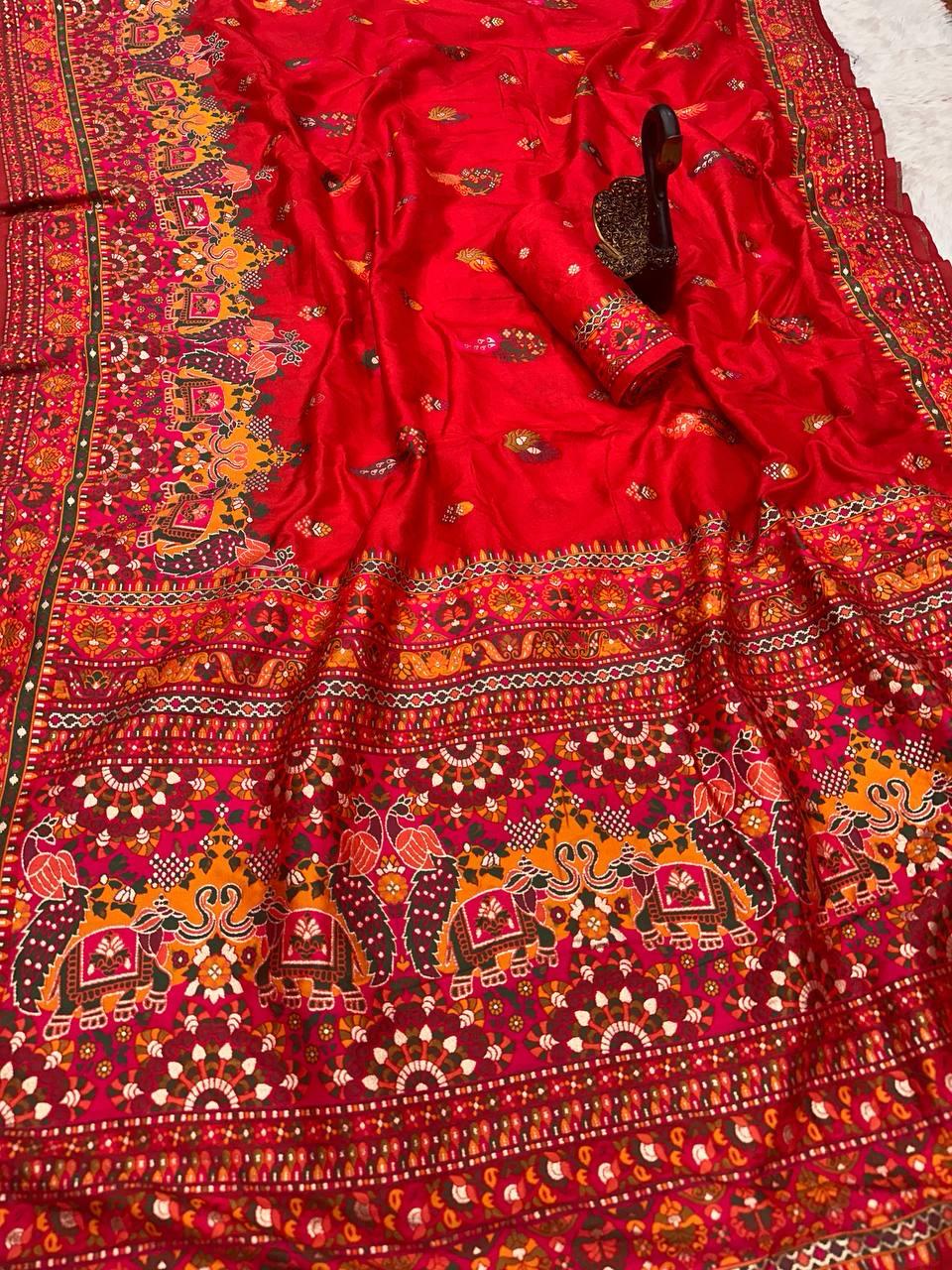 Woebegone Red Pashmina saree With Evanescent Blouse Piece