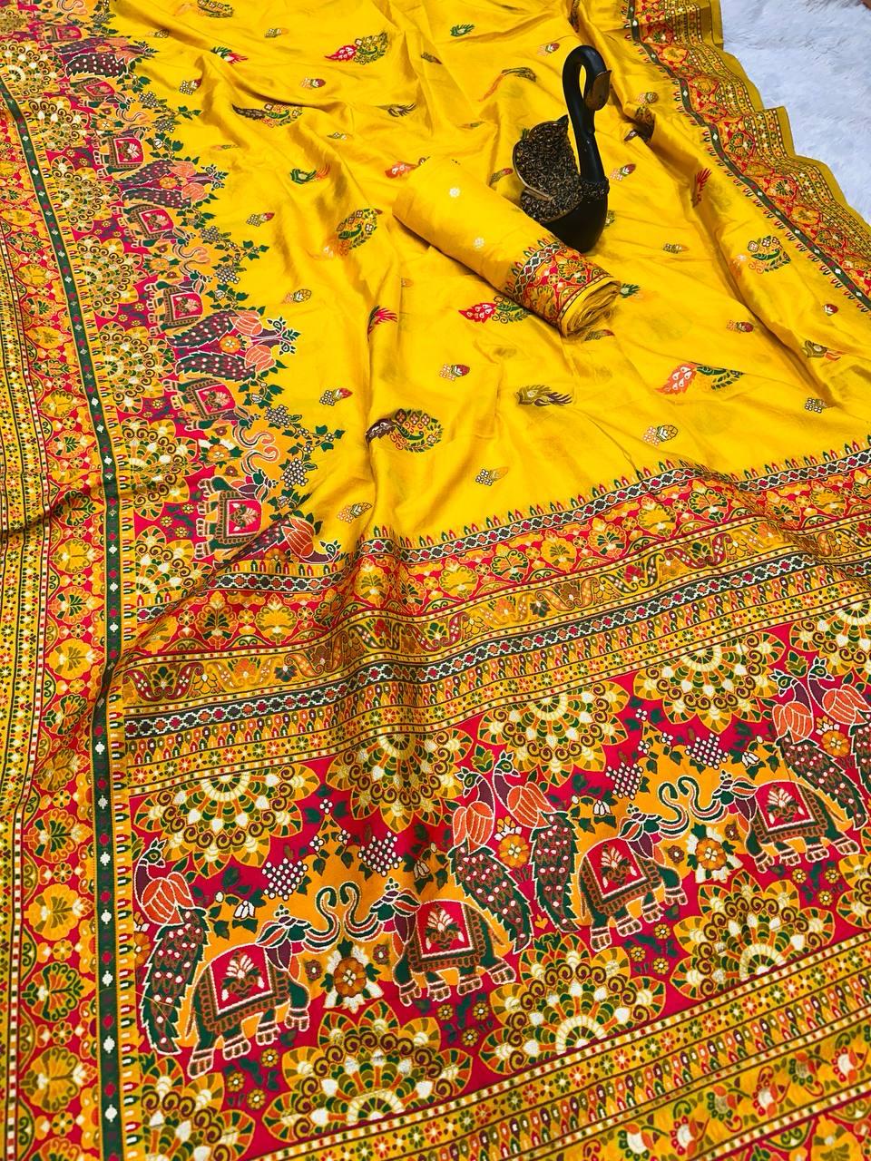 Desuetude Yellow Pashmina saree With Beauteous Blouse Piece