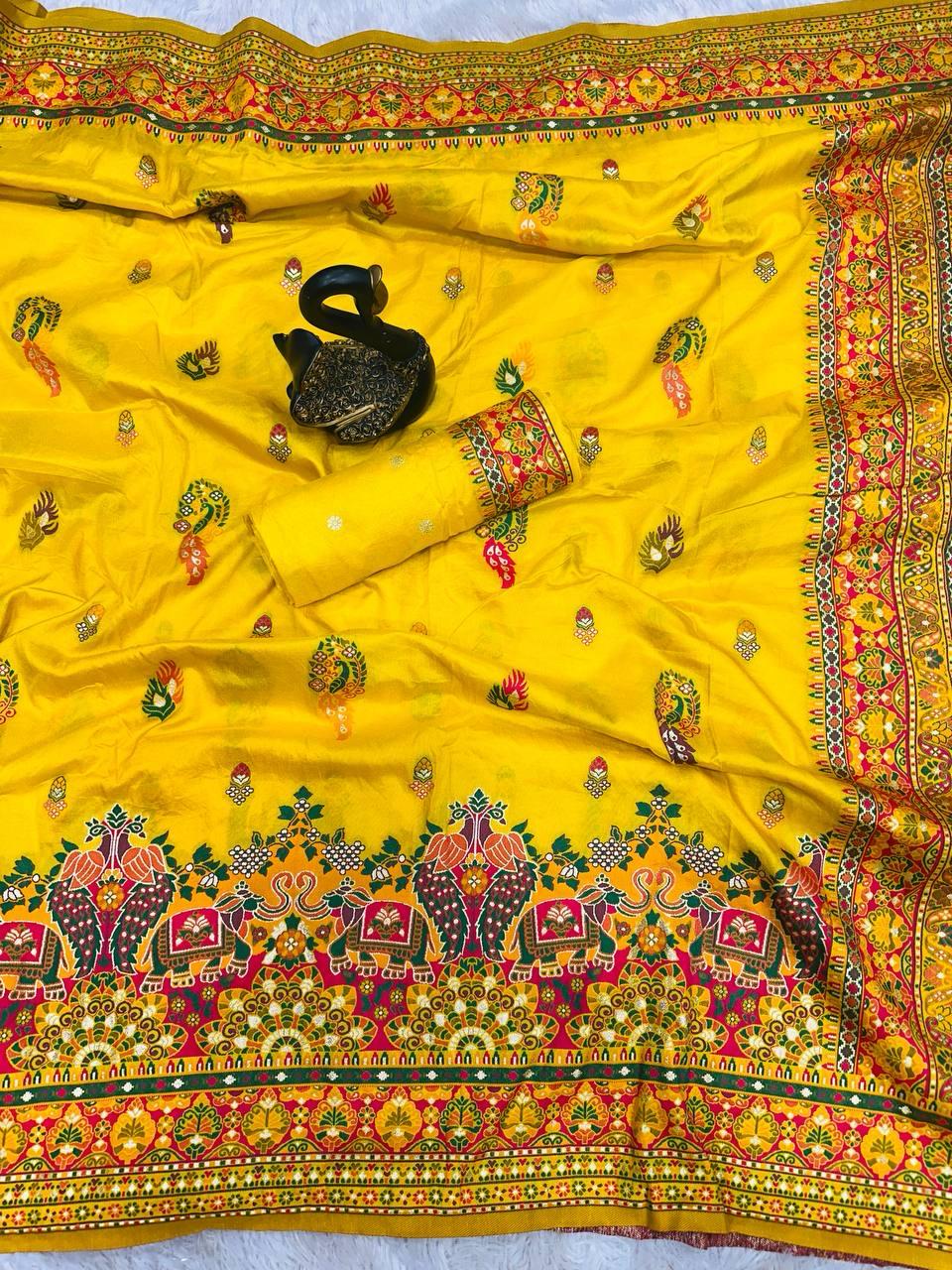 Desuetude Yellow Pashmina saree With Beauteous Blouse Piece