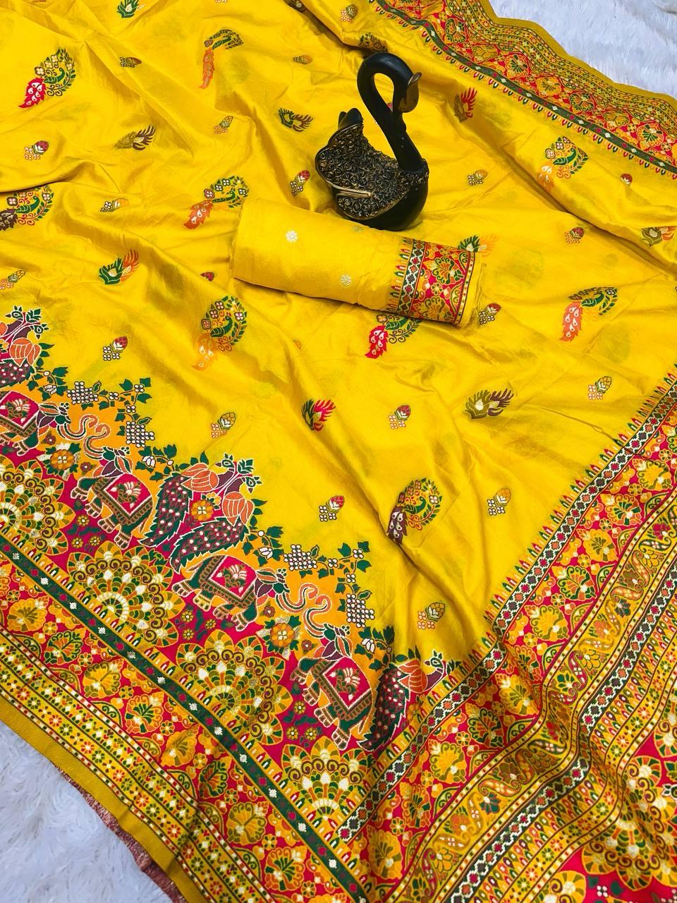 Desuetude Yellow Pashmina saree With Beauteous Blouse Piece