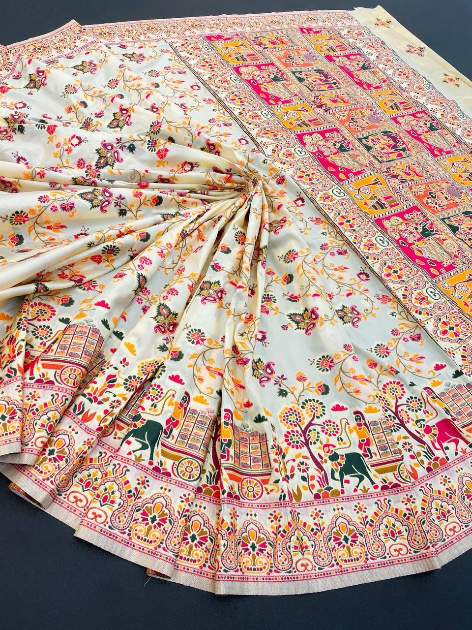 Innovative Beige Pashmina saree With Adorning Blouse Piece