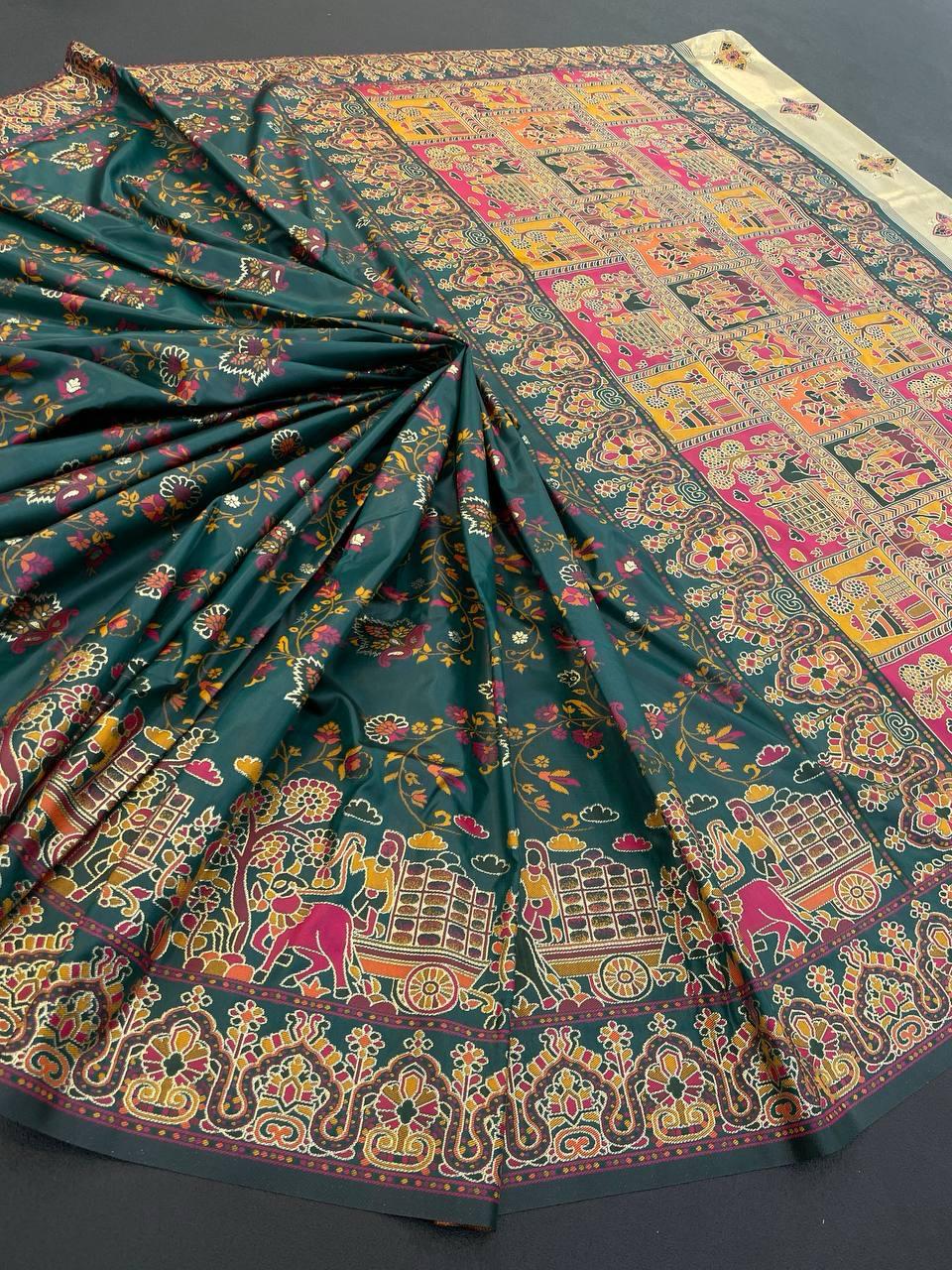 Classic Dark Green Pashmina saree With Bewitching Blouse Piece
