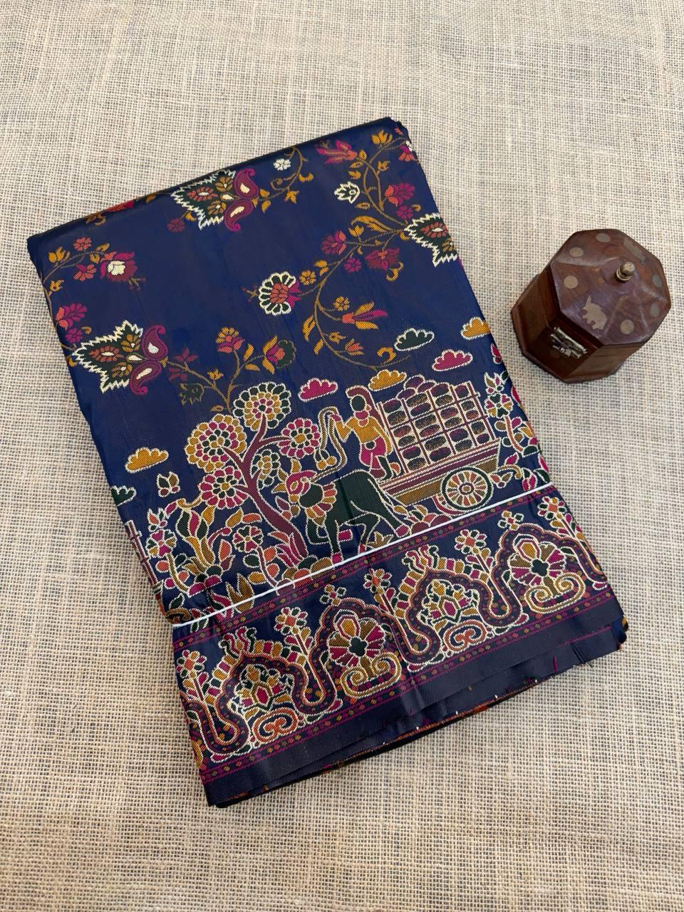 Desultory Navy Blue Pashmina saree With Imbrication Blouse Piece