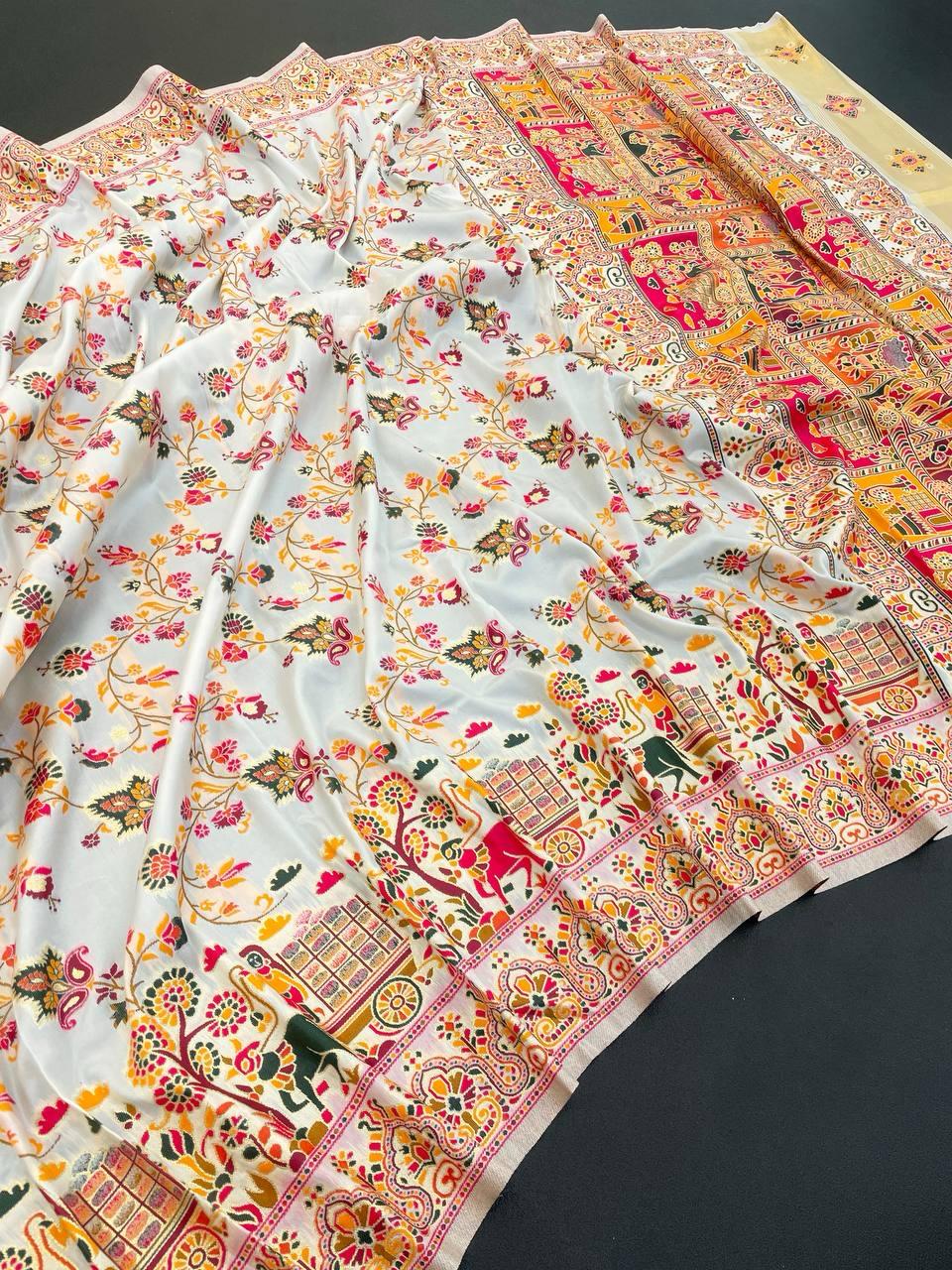 Beauteous Off White Pashmina saree With Confounding Blouse Piece