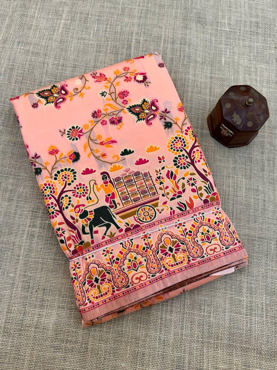 Enchanting Peach Pashmina saree With Elaborate Blouse Piece