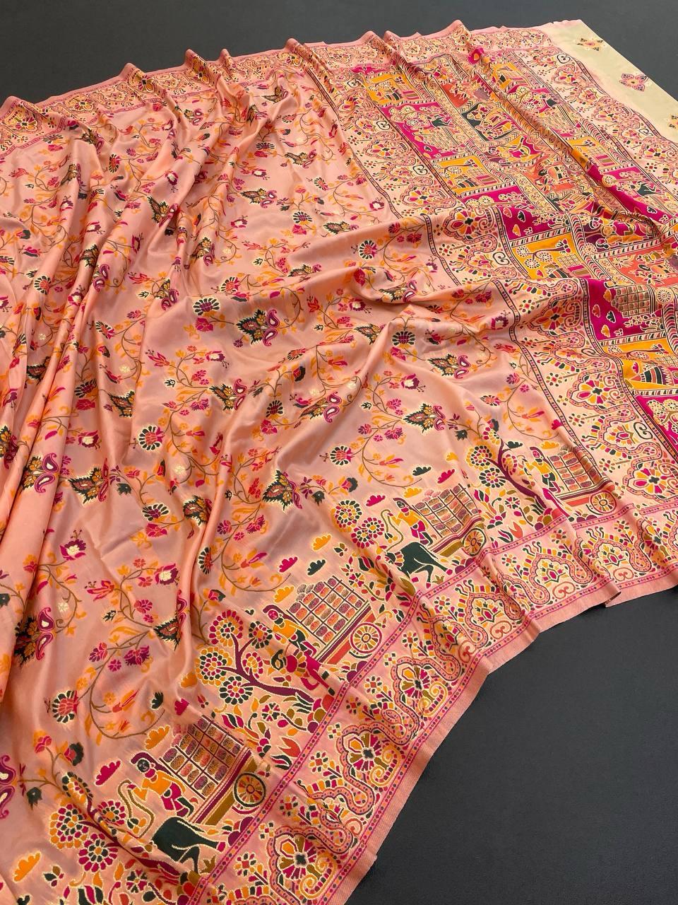 Enchanting Peach Pashmina saree With Elaborate Blouse Piece