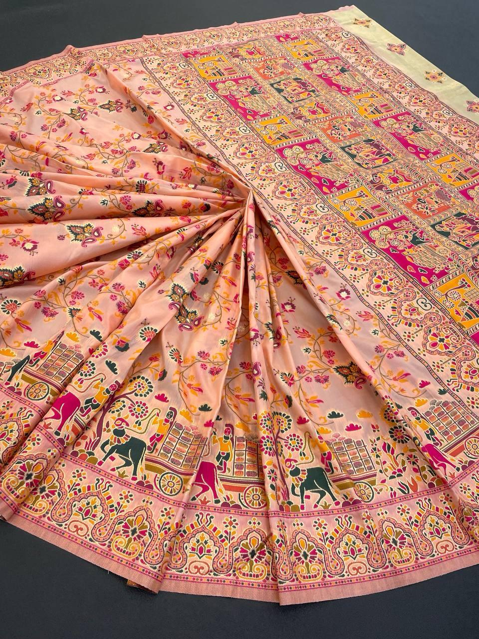 Enchanting Peach Pashmina saree With Elaborate Blouse Piece