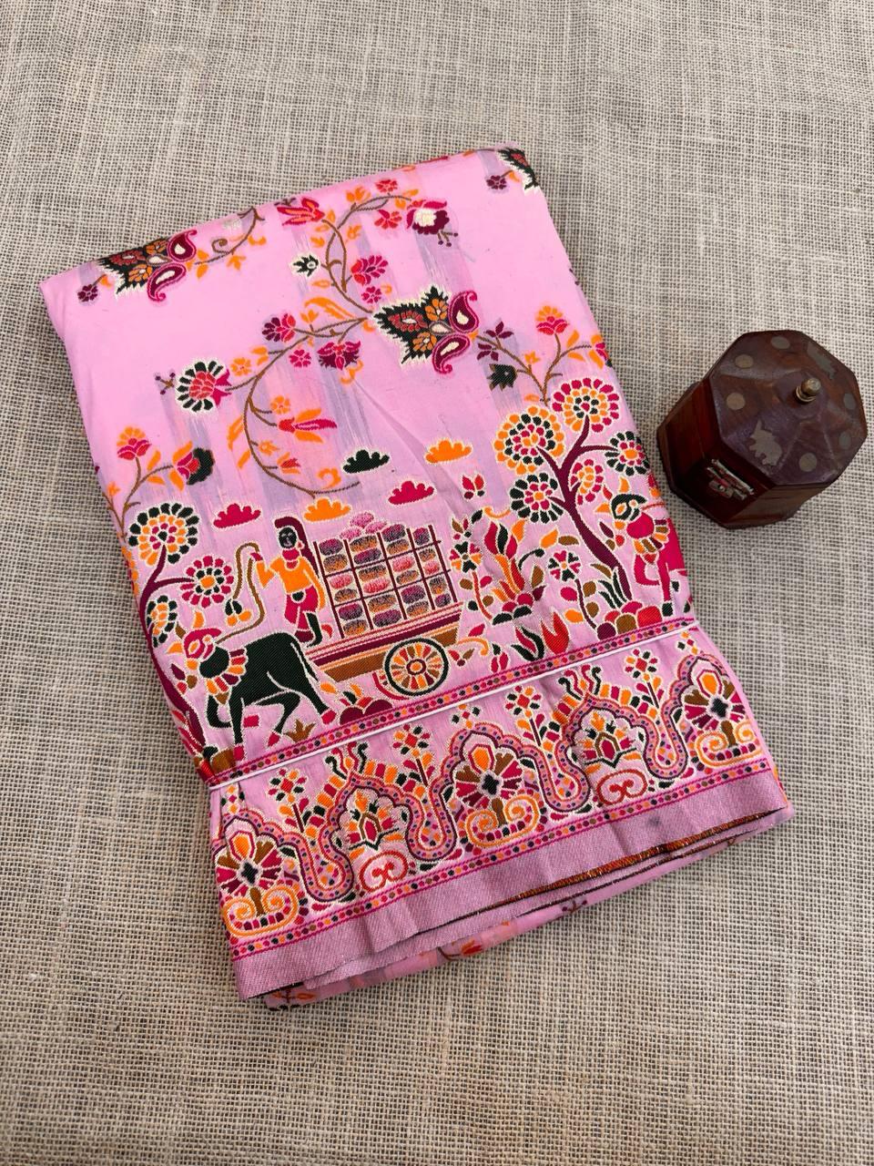 Charismatic Pink Pashmina saree With Quixotic Blouse Piece