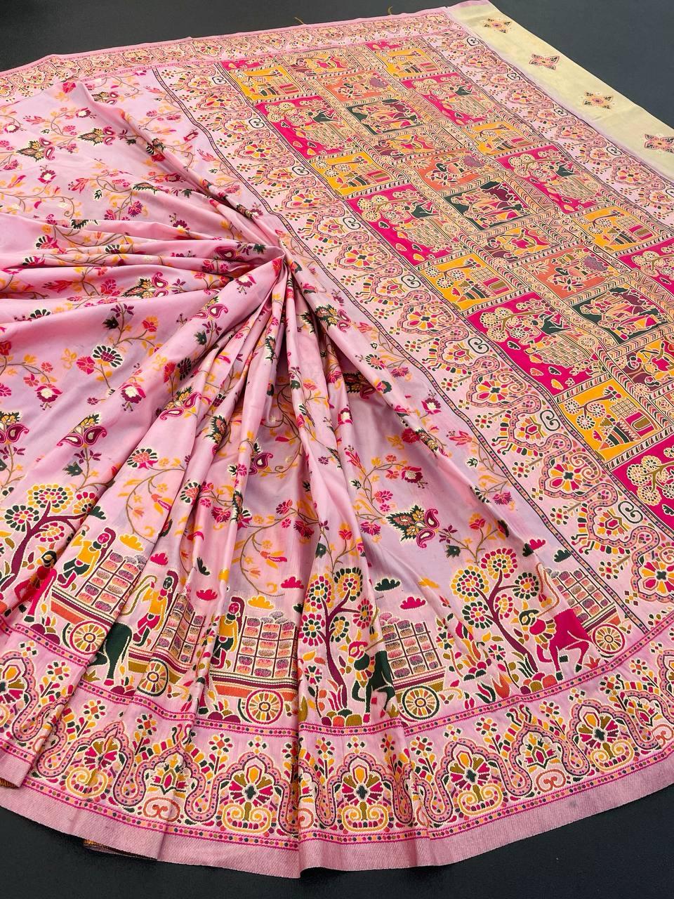 Charismatic Pink Pashmina saree With Quixotic Blouse Piece
