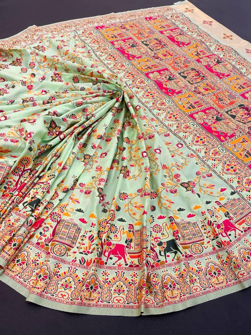 Luminous Pista Pashmina saree With Cynosure Blouse Piece