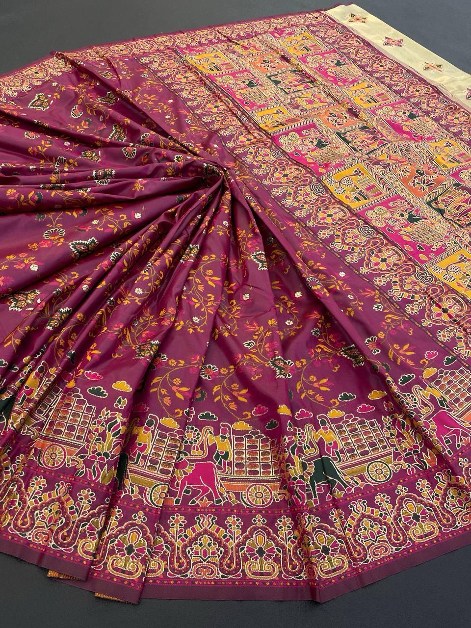 Tempting Wine Pashmina saree With Denouement Blouse Piece