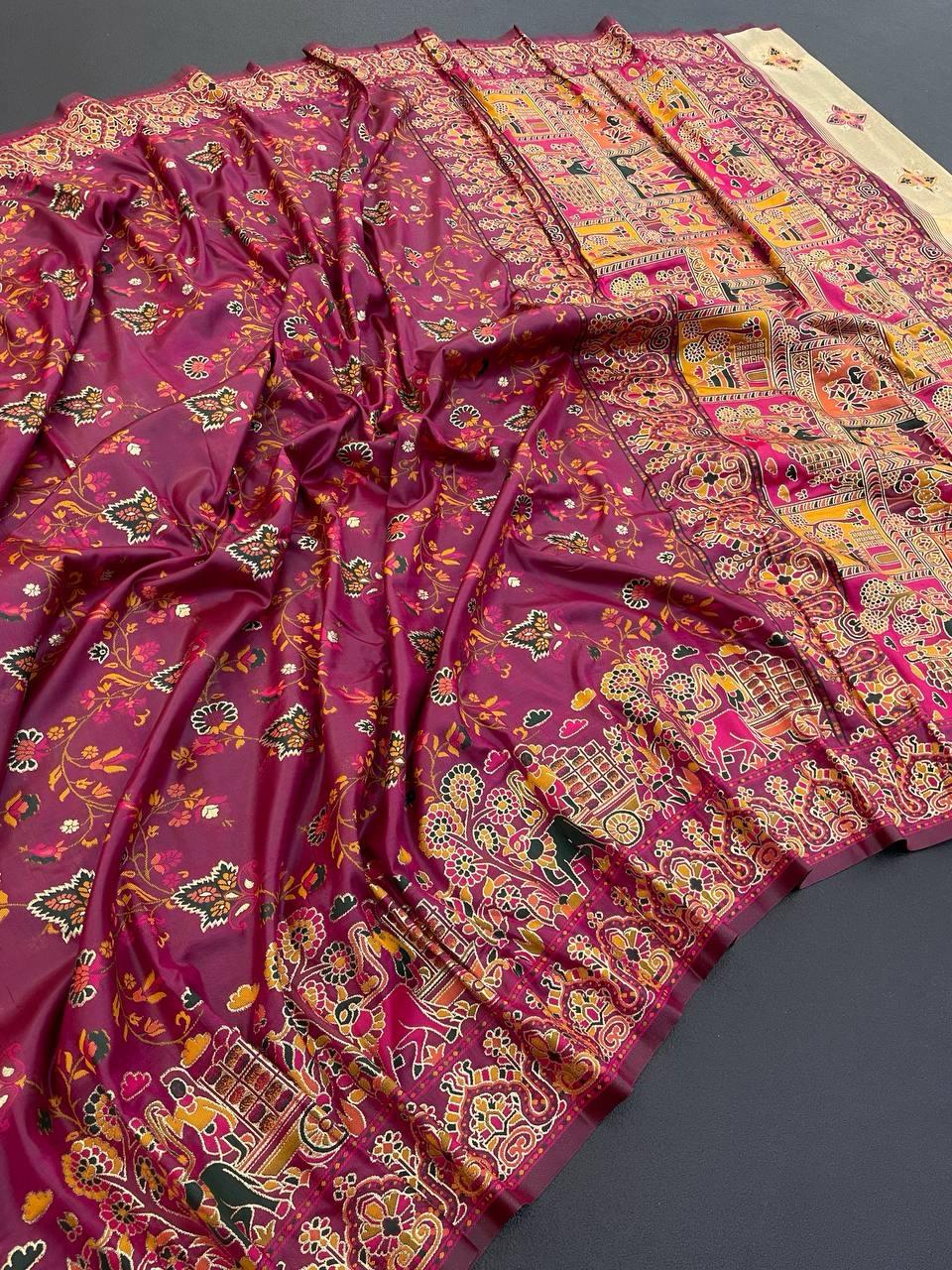 Tempting Wine Pashmina saree With Denouement Blouse Piece