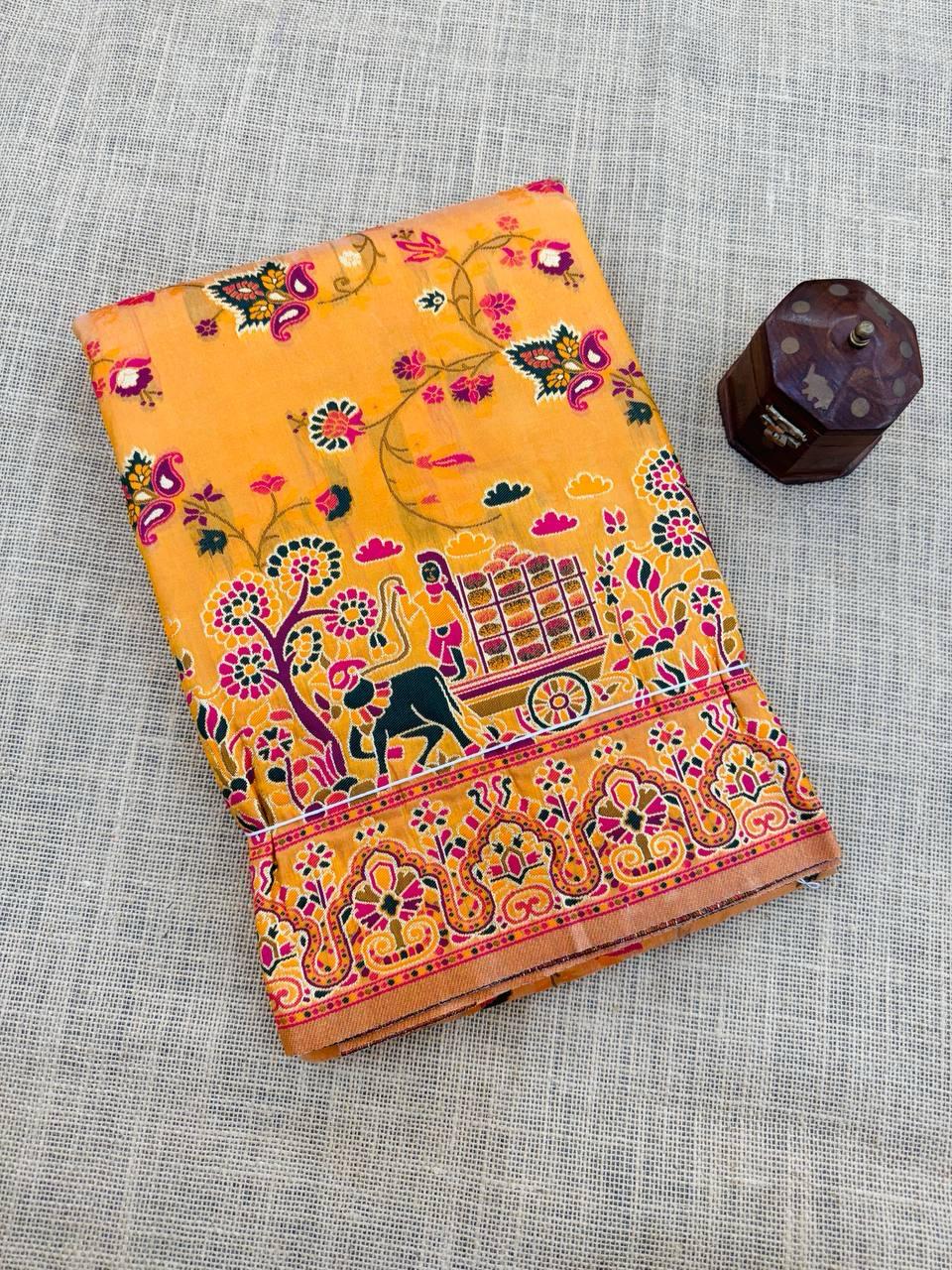 Jazzy Yellow Pashmina saree With Refreshing Blouse Piece