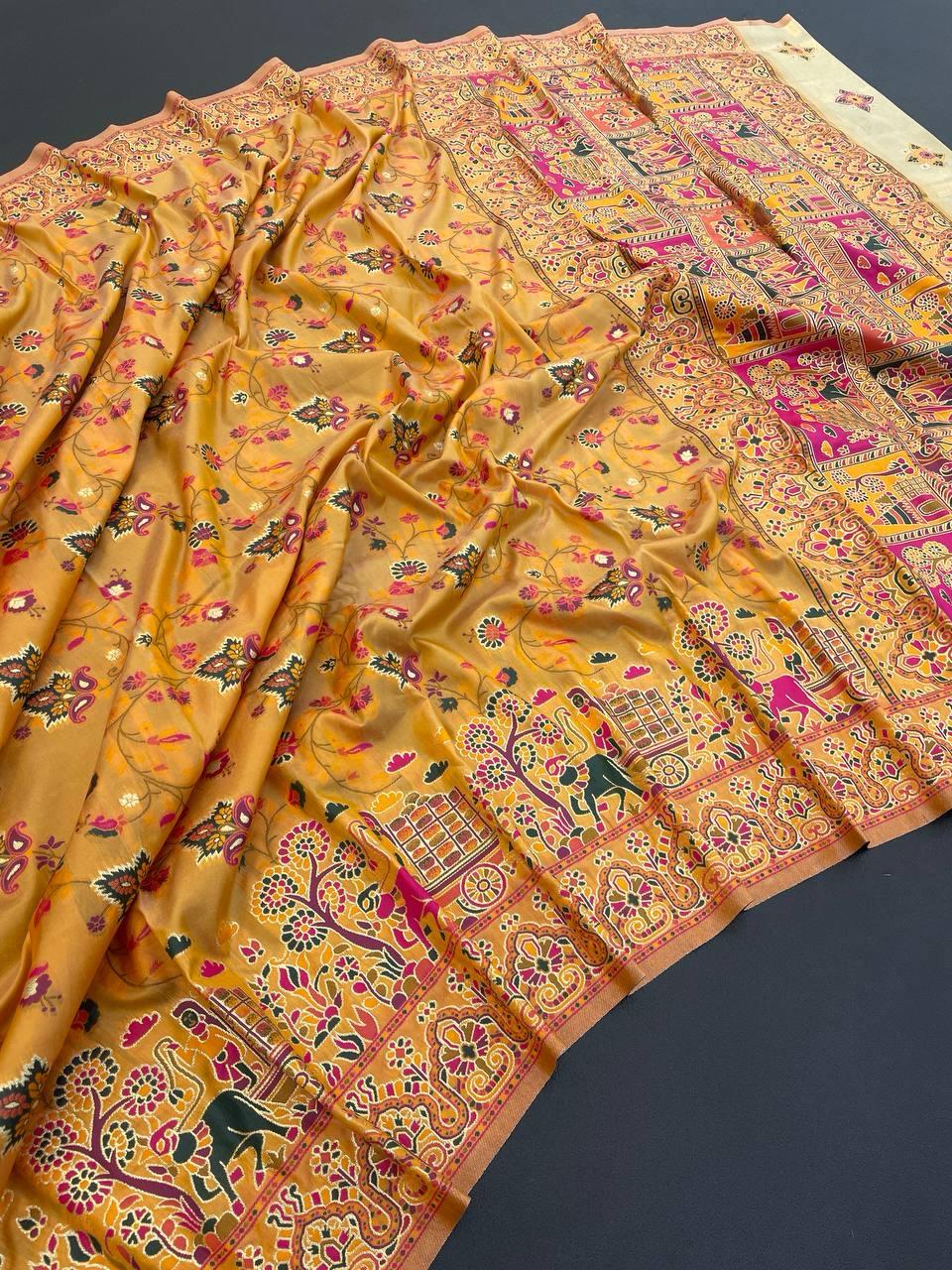Jazzy Yellow Pashmina saree With Refreshing Blouse Piece