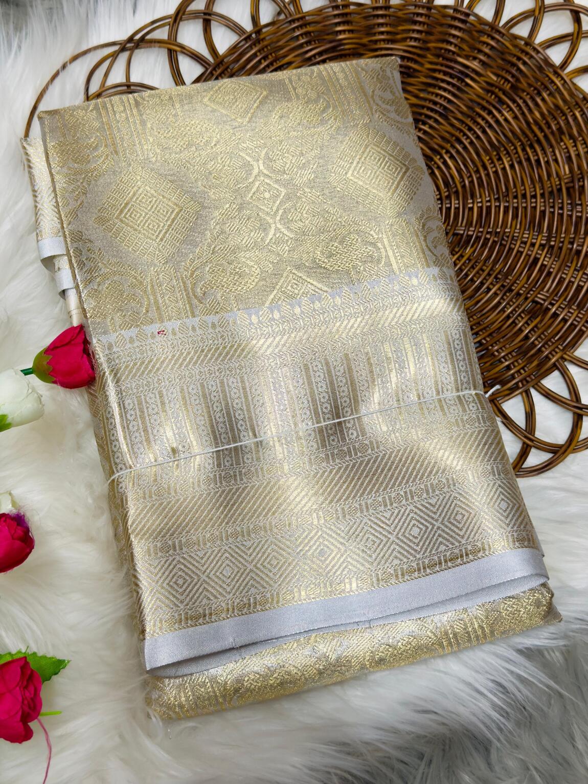 Luxuriant Silver Soft Tissue Silk Saree With Epiphany Blouse Piece