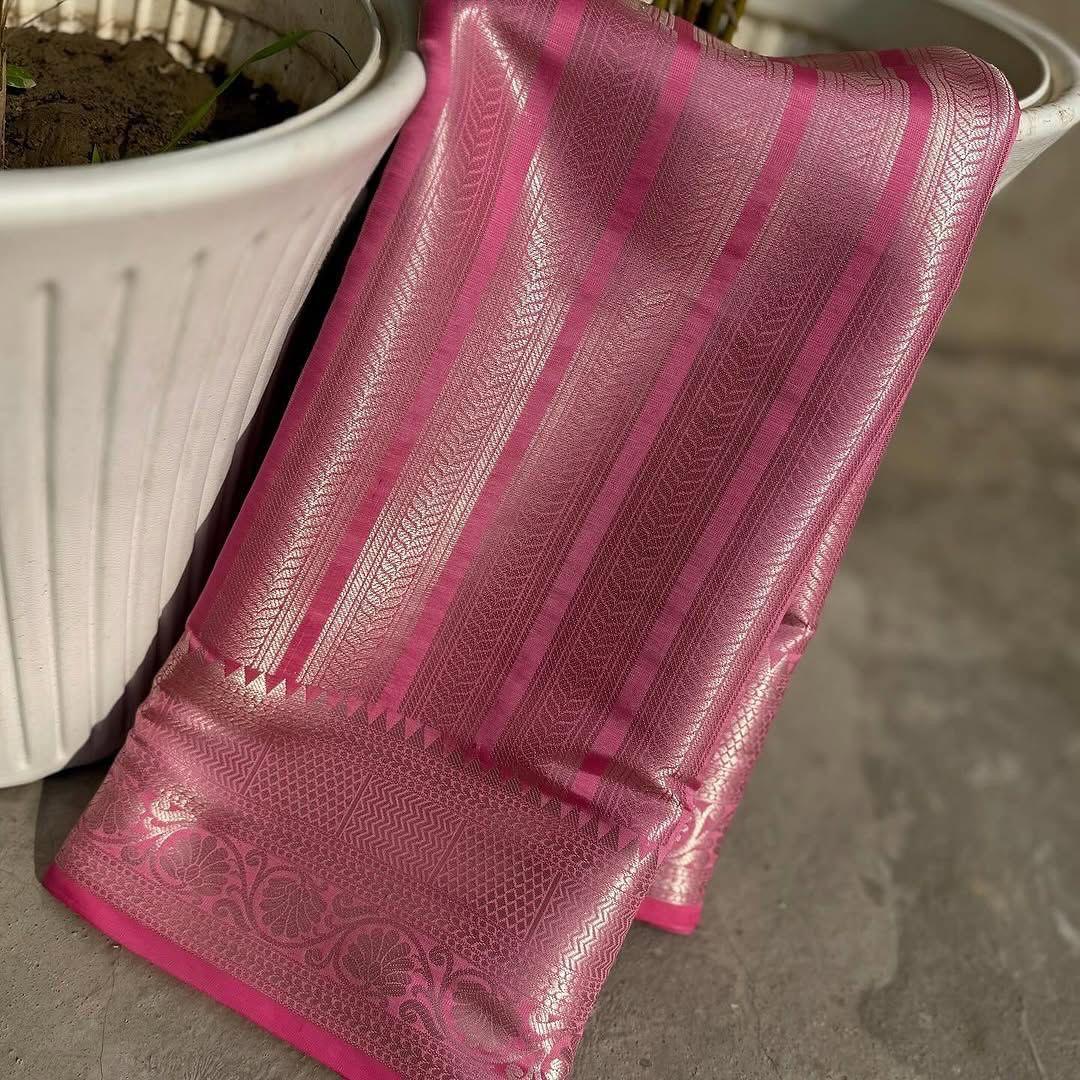 Excellent Pink Soft Tissue Silk Saree With Mesmeric Blouse Piece