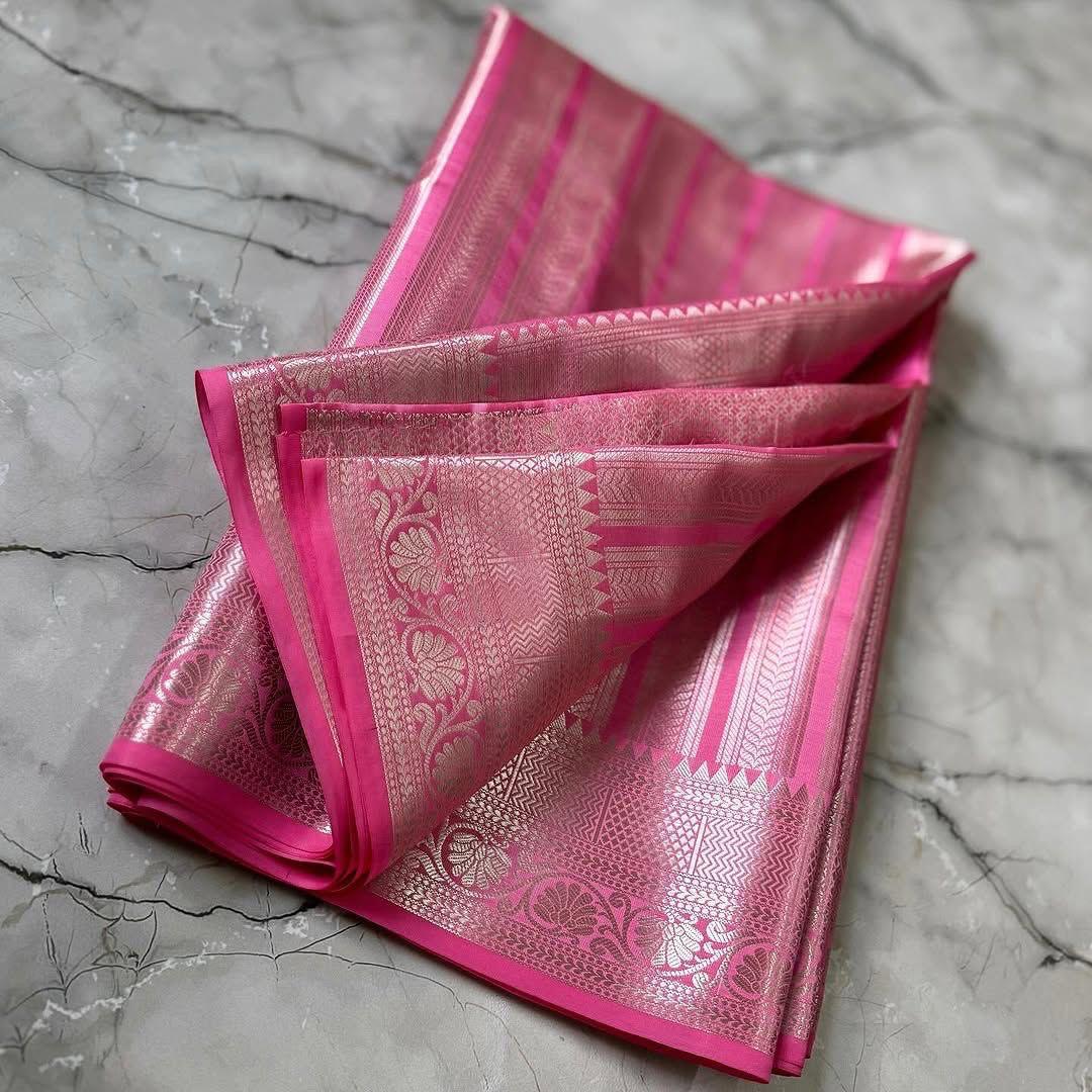 Excellent Pink Soft Tissue Silk Saree With Mesmeric Blouse Piece